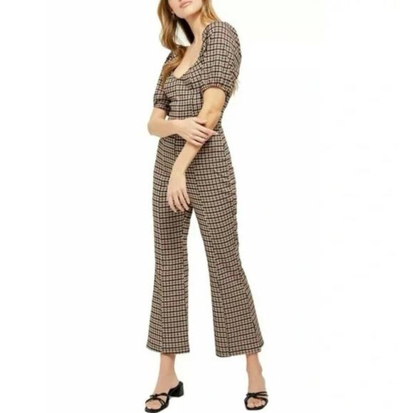 Free People Oxford fall plaid jumpsuit. Orange, black, puff sleeve NWT - Picture 1 of 12